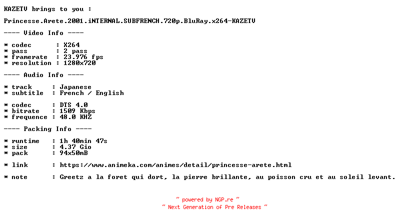 NFO for the release Princesse.Arete.2001.iNTERNAL.SUBFRENCH.720p.BluRay.x264-KAZETV by KAZETV