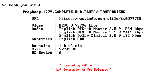 NFO for the release Prophecy.1979.COMPLETE.UHD.BLURAY-B0MBARDiERS by B0MBARDiERS