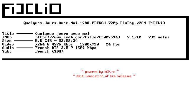NFO for the release Quelques.Jours.Avec.Moi.1988.FRENCH.720p.BluRay.x264-FiDELiO by FiDELiO