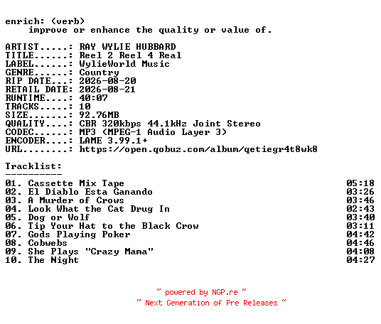 NFO for the release RAY_WYLIE_HUBBARD-Reel_2_Reel_4_Real-WEB-2026-ENRiCH by ENRiCH