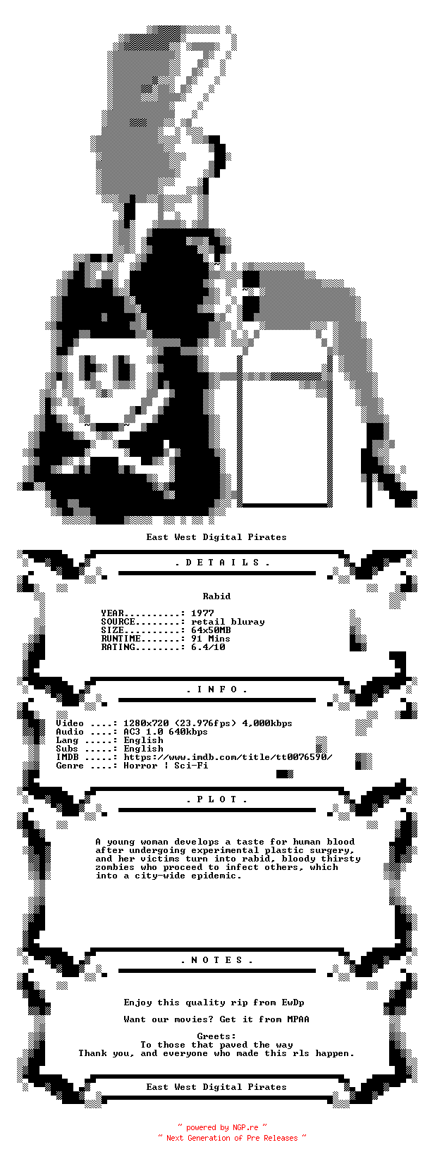 NFO for the release Rabid.1977.iNTERNAL.720p.BluRay.x264-EwDp by EwDp