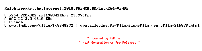 NFO for the release Ralph.Breaks.the.Internet.2018.FRENCH.BDRip.x264-VENUE by VENUE