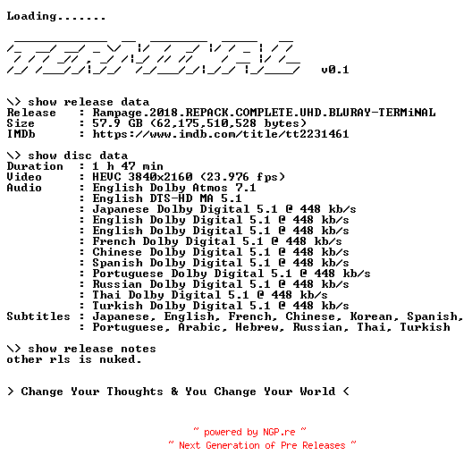 NFO for the release Rampage.2018.REPACK.COMPLETE.UHD.BLURAY-TERMiNAL by TERMiNAL