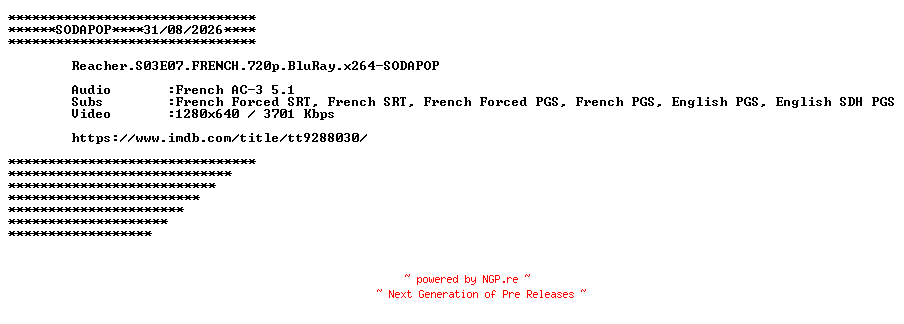 NFO for the release Reacher.S03E07.FRENCH.720p.BluRay.x264-SODAPOP by SODAPOP