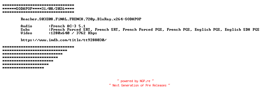 NFO for the release Reacher.S03E08.FiNAL.FRENCH.720p.BluRay.x264-SODAPOP by SODAPOP