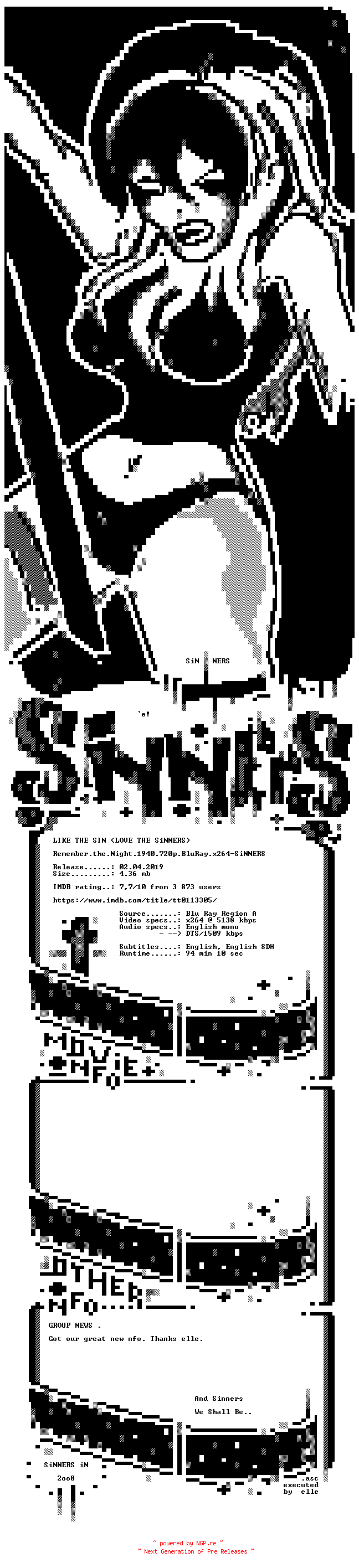 NFO for the release Remember.the.Night.1940.720p.BluRay.x264-SiNNERS by SiNNERS