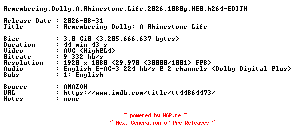 NFO for the release Remembering.Dolly.A.Rhinestone.Life.2026.1080p.WEB.h264-EDITH by EDITH