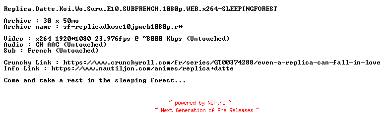 NFO for the release Replica.Datte.Koi.Wo.Suru.E10.SUBFRENCH.1080p.WEB.x264-SLEEPINGFOREST by SLEEPINGFOREST