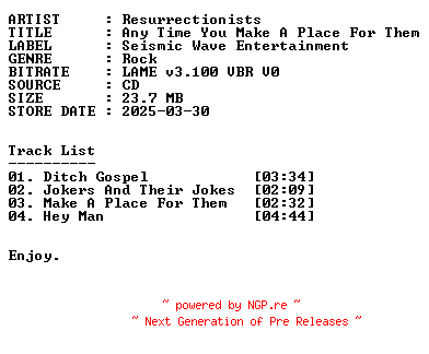 NFO for the release Resurrectionists-Any_Time_You_Make_A_Place_For_Them-EP-2025-r35 by r35