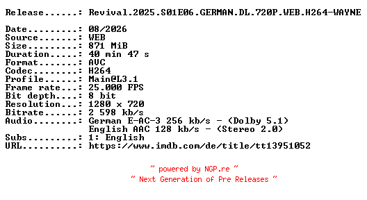 NFO for the release Revival.2025.S01E06.GERMAN.DL.720P.WEB.H264-WAYNE by WAYNE