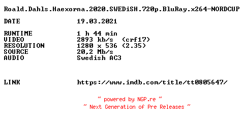 NFO for the release Roald.Dahls.Haexorna.2020.SWEDiSH.720p.BluRay.x264-NORDCUP by NORDCUP