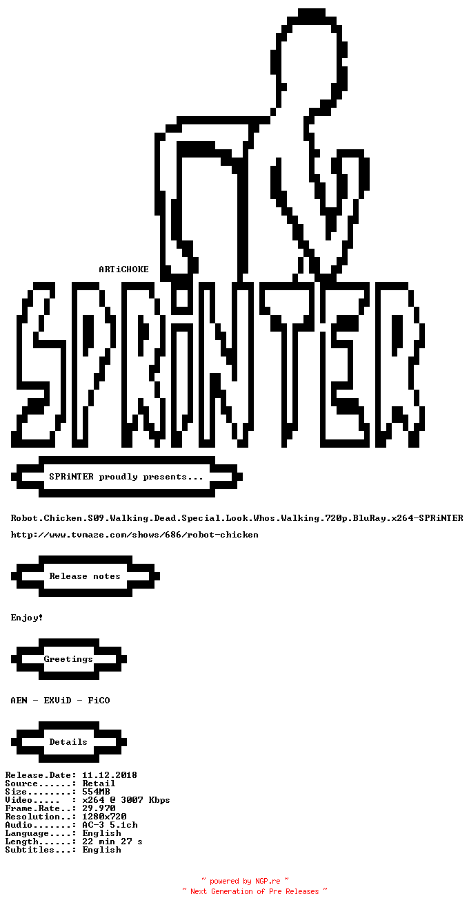 NFO for the release Robot.Chicken.S09.Walking.Dead.Special.Look.Whos.Walking.720p.BluRay.x264-SPRiNTER by SPRiNTER