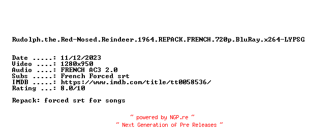 NFO for the release Rudolph.the.Red-Nosed.Reindeer.1964.REPACK.FRENCH.720p.BluRay.x264-LYPSG by LYPSG