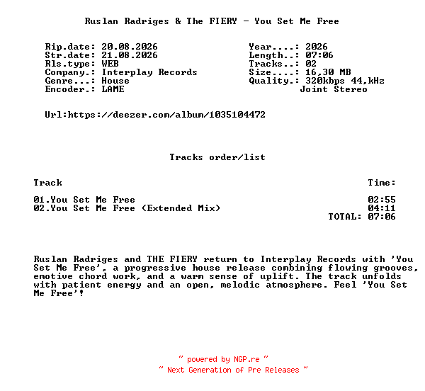 NFO for the release Ruslan_Radriges_And_The_FIERY_-_You_Set_Me_Free-(ITP568)-WEB-2026-FMC by FMC