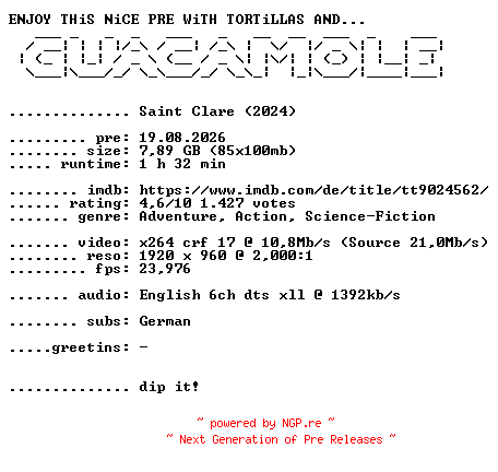 NFO for the release Saint.Clare.2024.1080p.BluRay.x264-GUACAMOLE by GUACAMOLE