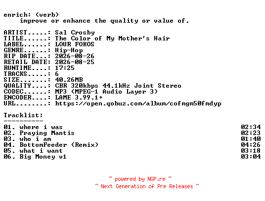 NFO for the release Sal_Crosby-The_Color_of_My_Mothers_Hair-EP-WEB-2026-ENRiCH by ENRiCH
