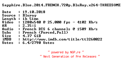 NFO for the release Sapphire.Blue.2014.FRENCH.720p.BluRay.x264-THREESOME by THREESOME