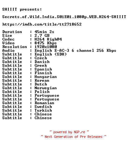 NFO for the release Secrets.of.Wild.India.S01E01.1080p.WEB.H264-SHIIIT by SHIIIT