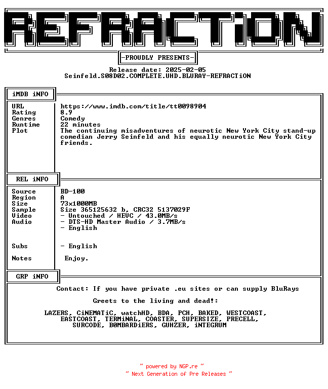 NFO for the release Seinfeld.S08D02.COMPLETE.UHD.BLURAY-REFRACTiON by REFRACTiON