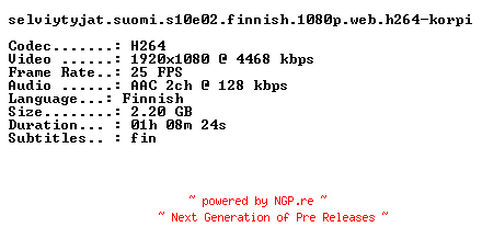 NFO for the release Selviytyjat.Suomi.S10E02.FiNNiSH.1080p.WEB.H264-KORPI by KORPI