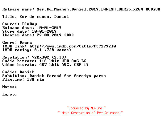 NFO for the release Ser.Du.Maanen.Daniel.2019.DANiSH.BDRip.x264-RCDiVX by RCDiVX