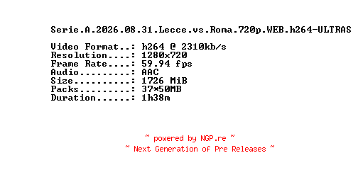 NFO for the release Serie.A.2026.08.31.Lecce.vs.Roma.720p.WEB.h264-ULTRAS by ULTRAS