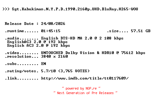 NFO for the release Sgt.Kabukiman.N.Y.P.D.1990.2160p.UHD.BluRay.H265-WOU by WOU