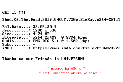 NFO for the release Shed.Of.The.Dead.2019.UNCUT.720p.BluRay.x264-GETiT by GETiT