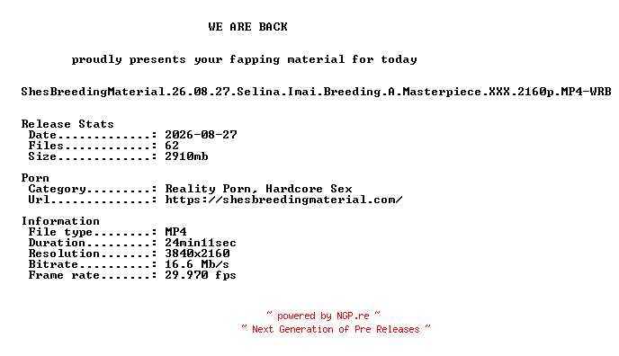NFO for the release ShesBreedingMaterial.26.08.27.Selina.Imai.Breeding.A.Masterpiece.XXX.2160p.MP4-WRB by WRB
