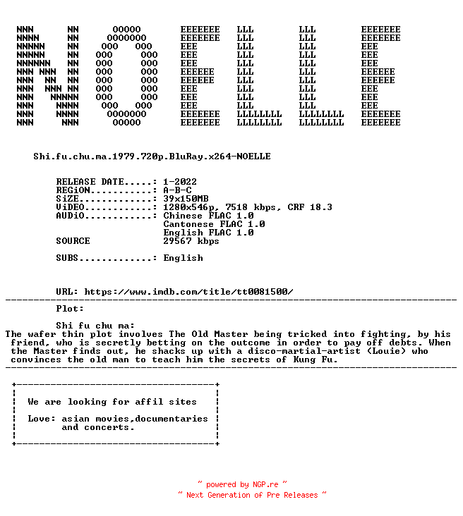NFO for the release Shi.Fu.Chu.Ma.1979.720p.BluRay.x264-NOELLE by NOELLE