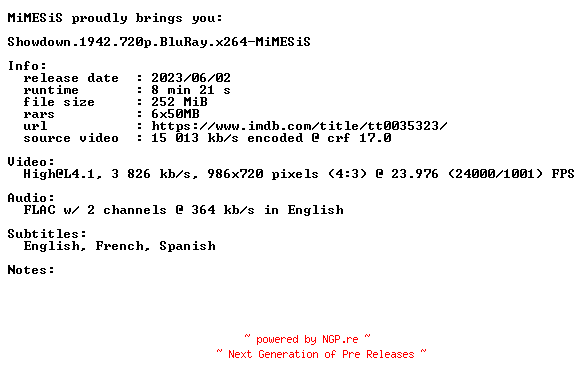 NFO for the release Showdown.1942.720p.BluRay.x264-MiMESiS by MiMESiS