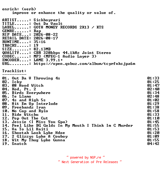 NFO for the release Sickboyrari-Out_Da_Vault-WEB-2026-ENRiCH by ENRiCH