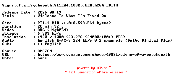 NFO for the release Signs.of.a.Psychopath.S11E04.1080p.WEB.h264-EDITH by EDITH
