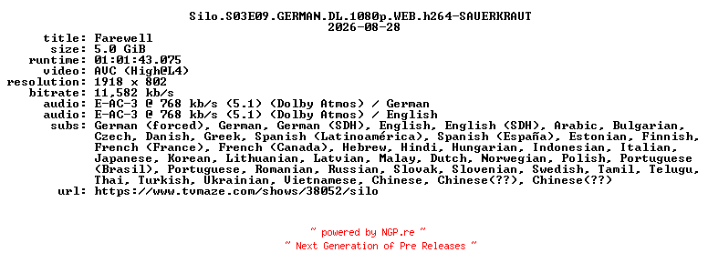 NFO for the release Silo.S03E09.GERMAN.DL.1080p.WEB.h264-SAUERKRAUT by SAUERKRAUT