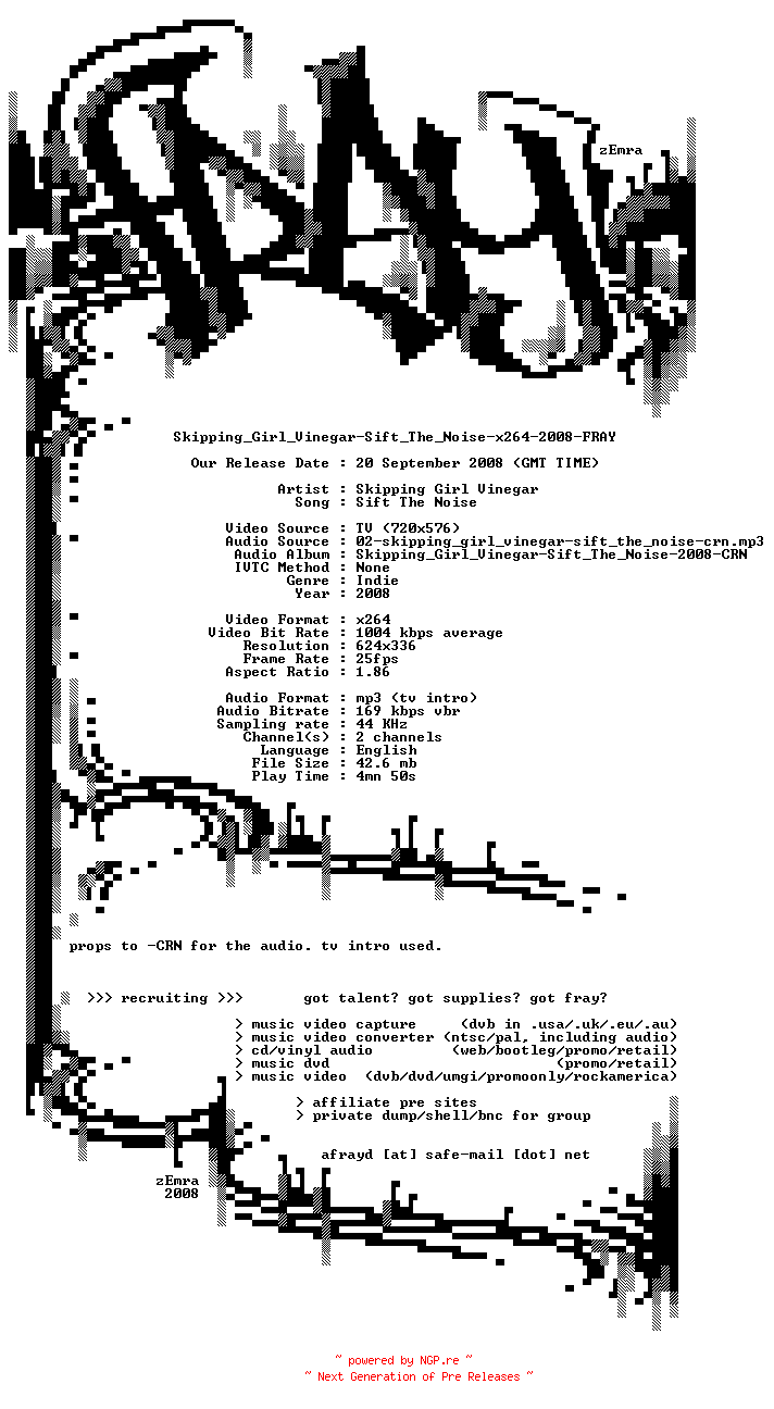 NFO for the release Skipping_Girl_Vinegar-Sift_The_Noise-x264-2008-FRAY by FRAY