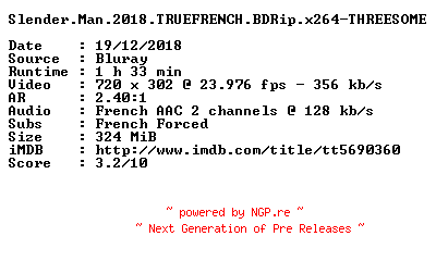NFO for the release Slender.Man.2018.TRUEFRENCH.BDRip.x264-THREESOME by THREESOME