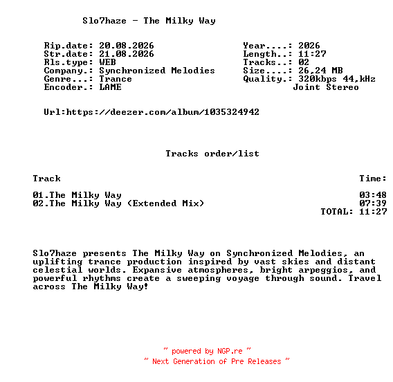 NFO for the release Slo7haze_-_The_Milky_Way-(SMEL178)-WEB-2026-FMC by FMC