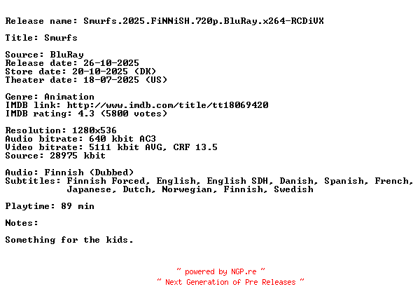 NFO for the release Smurfs.2025.FiNNiSH.720p.BluRay.x264-RCDiVX by RCDiVX