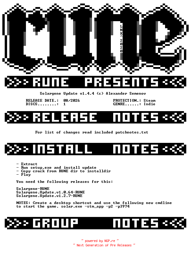 NFO for the release Solargene.Update.v1.4.4-RUNE by RUNE