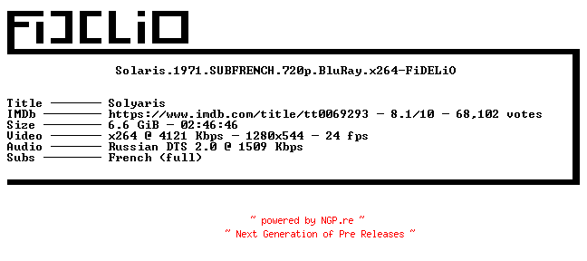 NFO for the release Solaris.1971.SUBFRENCH.720p.BluRay.x264-FiDELiO by FiDELiO