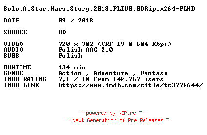NFO for the release Solo.A.Star.Wars.Story.2018.PLDUB.BDRip.x264-PLHD by PLHD