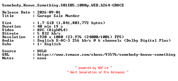 NFO for the release Somebody.Knows.Something.S01E05.1080p.WEB.h264-GRACE by GRACE
