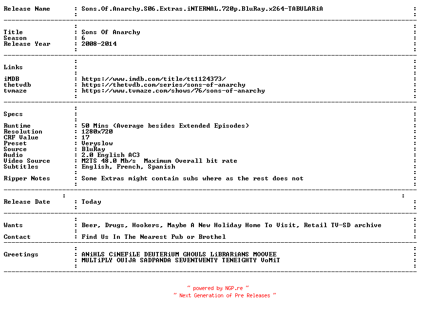 NFO for the release Sons.Of.Anarchy.S06.Extras.iNTERNAL.720p.BluRay.x264-TABULARiA by TABULARiA