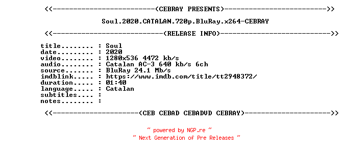 NFO for the release Soul.2020.CATALAN.720p.BluRay.x264-CEBRAY by CEBRAY