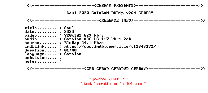 NFO for the release Soul.2020.CATALAN.BDRip.x264-CEBRAY by CEBRAY