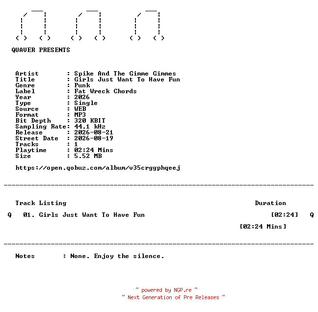 NFO for the release Spike_And_The_Gimme_Gimmes-Girls_Just_Want_To_Have_Fun-SINGLE-WEB-2026-QUAVER by QUAVER