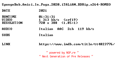 NFO for the release SpongeBob.Amici.In.Fuga.2020.iTALiAN.BDRip.x264-ROMEO by ROMEO