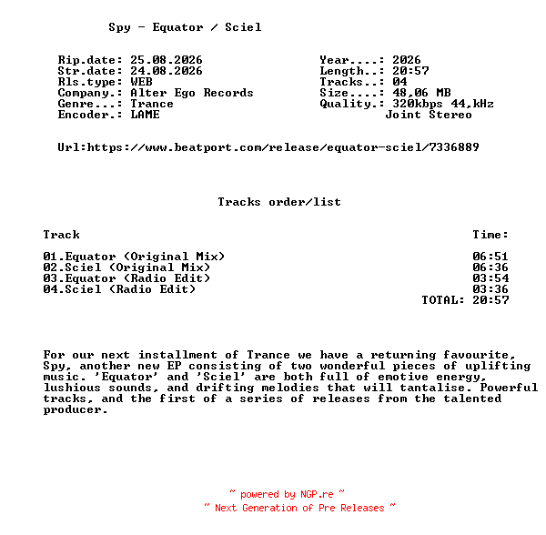 NFO for the release Spy_-_Equator__Sciel-(AE630)-WEB-2026-FMC by FMC