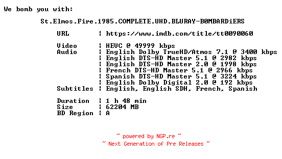 NFO for the release St.Elmos.Fire.1985.COMPLETE.UHD.BLURAY-B0MBARDiERS by B0MBARDiERS
