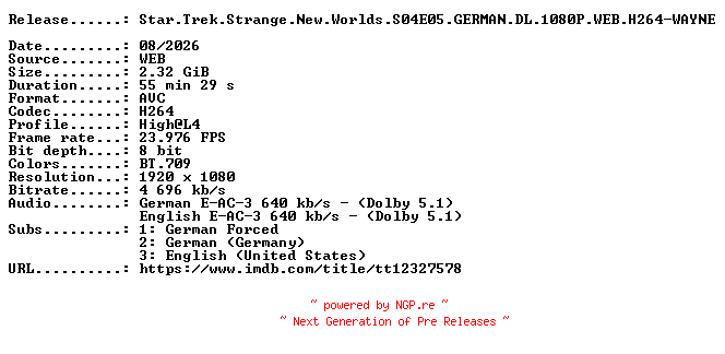 NFO for the release Star.Trek.Strange.New.Worlds.S04E05.GERMAN.DL.1080P.WEB.H264-WAYNE by WAYNE
